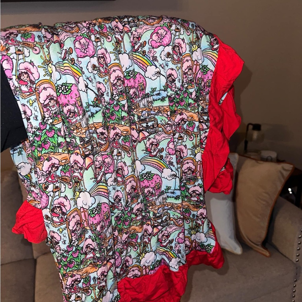 Colorful Cartoon Print BAMBOO blanket with Red Ruffles